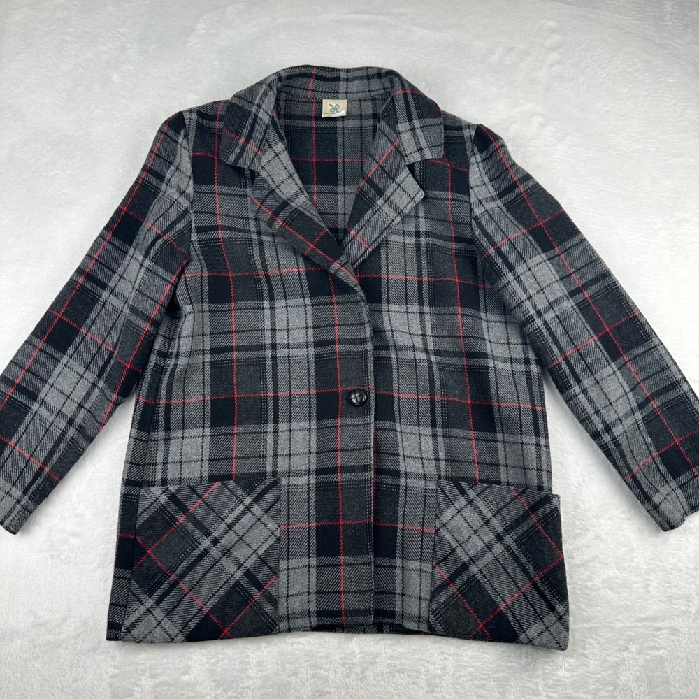 Haband Vintage Plaid Blazer Jacket Grey Red Black Wool Blend Made in USA Medium